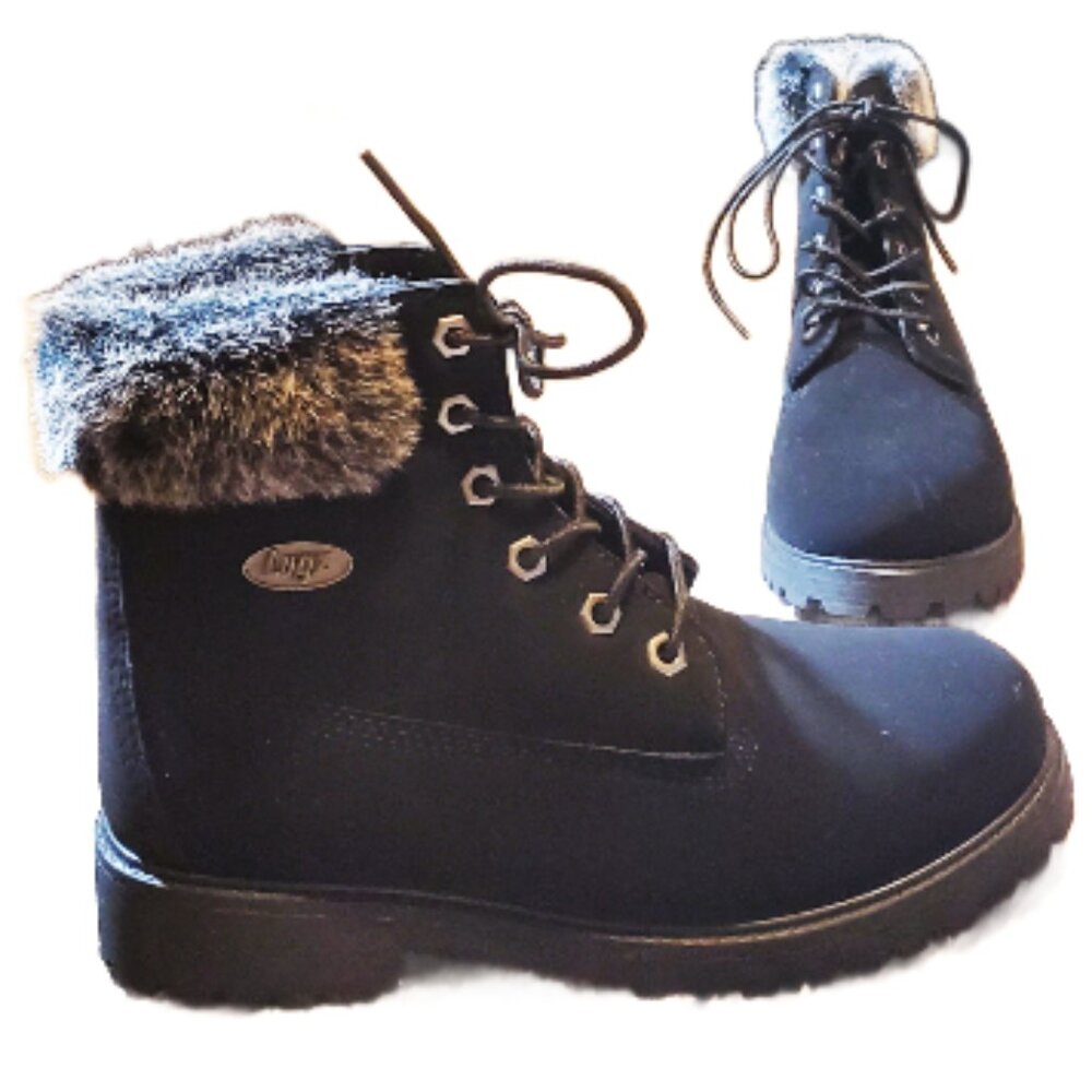 Lugz Women's Black W/ Faux Fur Comfort Lining Front Lace Combat Boots Size - 7.5